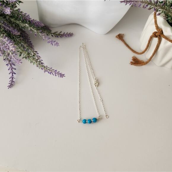 Silver Dainty Trio Turquoise Seashell Bar Necklace / Wire Wrapped Blue Necklace - Picture 2 of 6